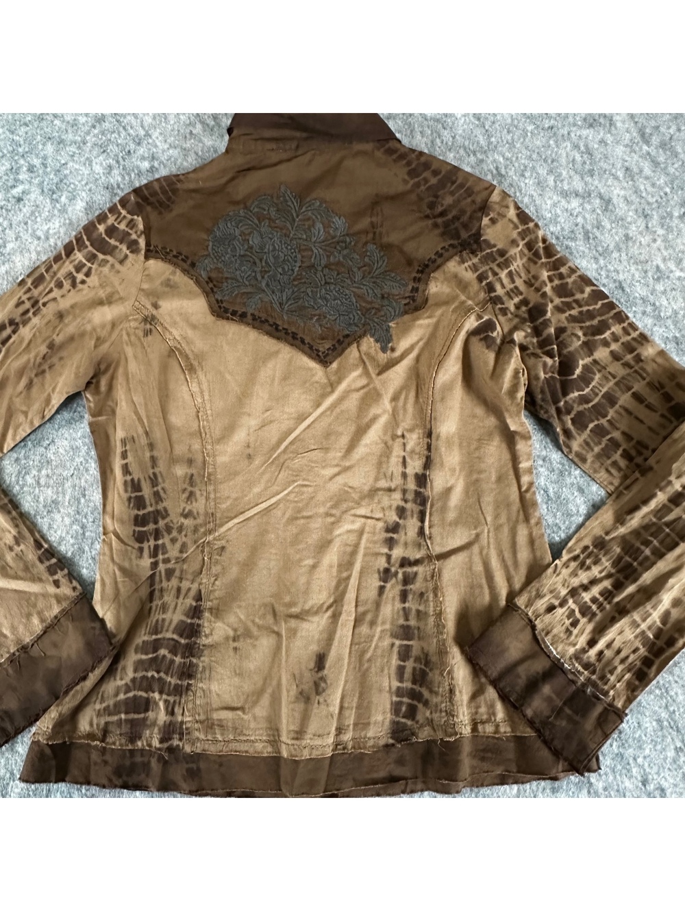 Lulumari Brown Tie Dye Embroidered Raw Edge Button Down Shirt Boho Western S - Picture 2 of 9